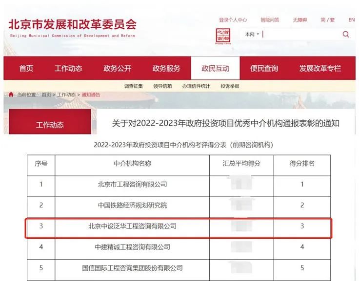 北京市发改委优秀中介机构通报表彰，中设泛华排名第三
